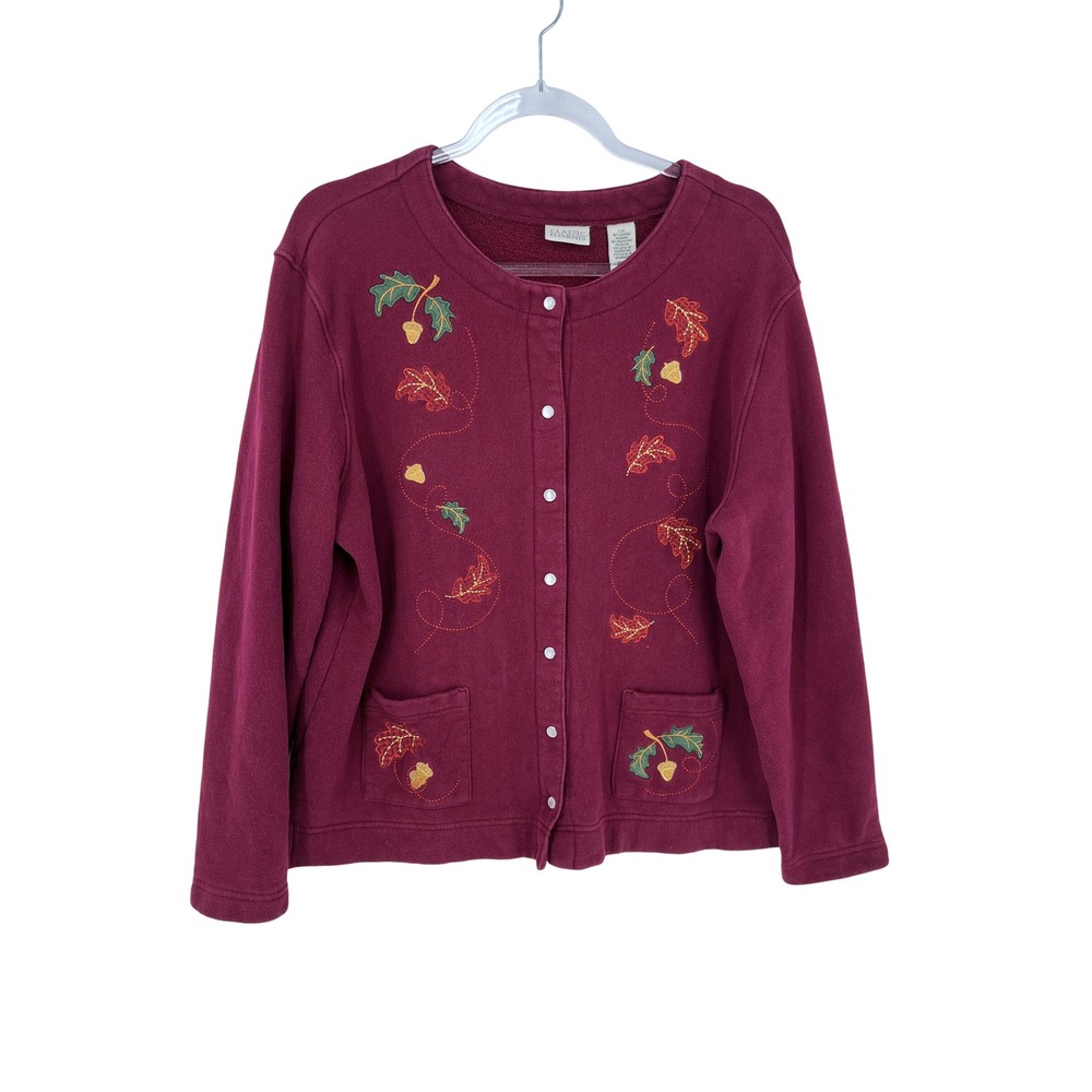 Womens Burgundy Cardigan Embroidered Sweatshirt L Fall Leaves Cottagecore Cozy